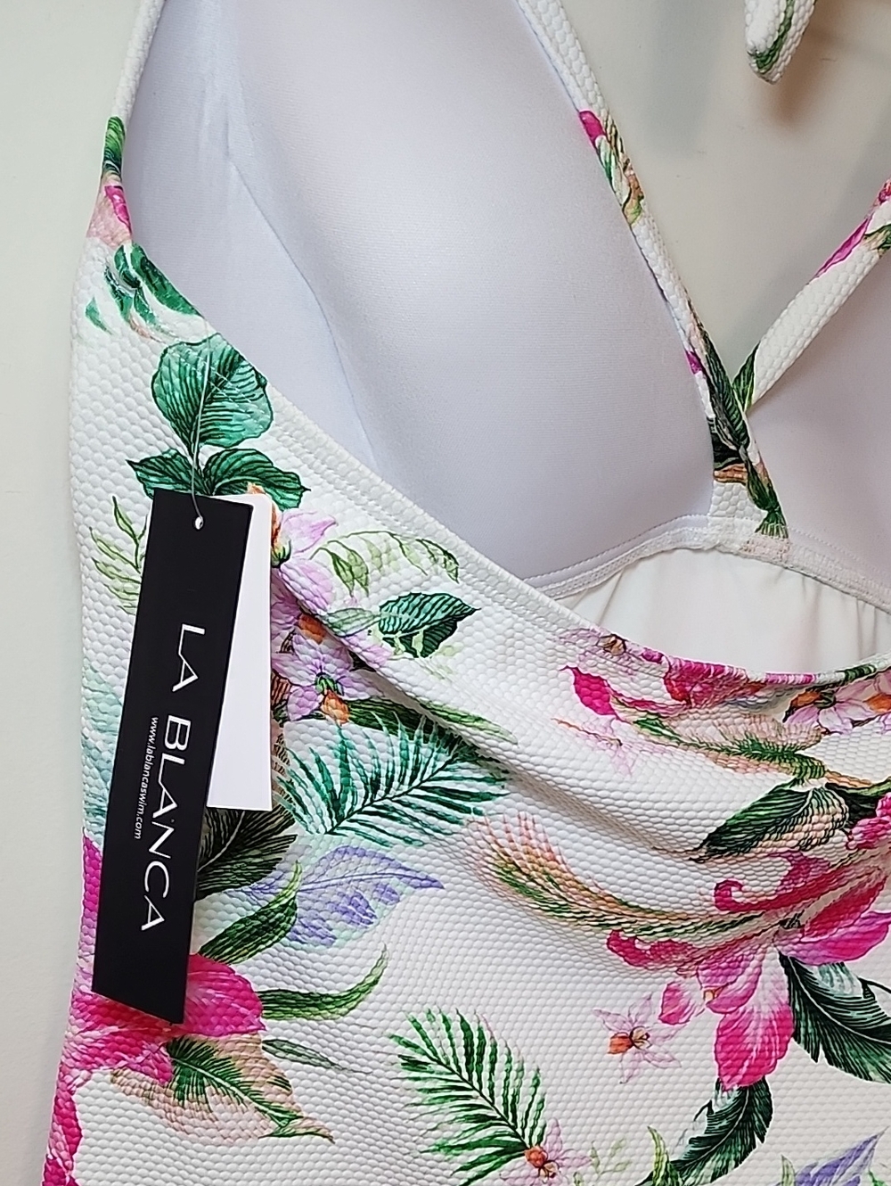 La Blanca halter tankini top v-neckline tropical floral print white/pink Size 12 - Picture 13 of 16